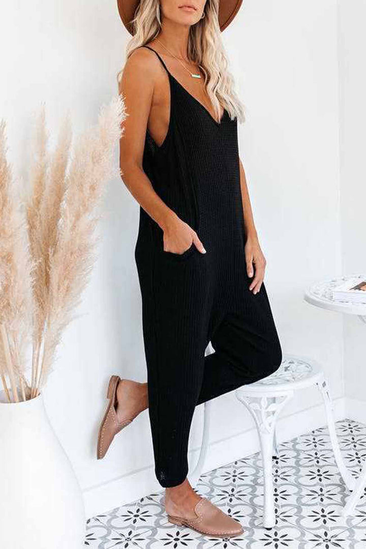 Celeste – Wafelstructuur Jumpsuit met Spaghettibandjes en V-Hals