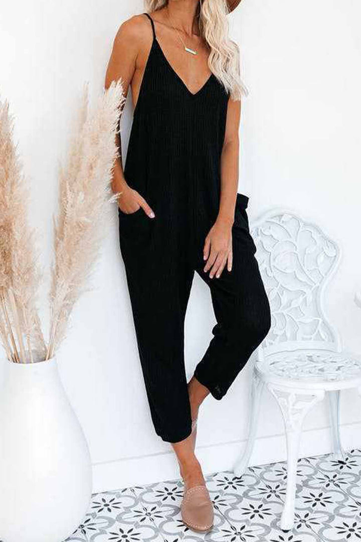 Celeste – Wafelstructuur Jumpsuit met Spaghettibandjes en V-Hals