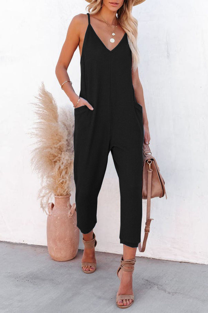 Celeste – Wafelstructuur Jumpsuit met Spaghettibandjes en V-Hals
