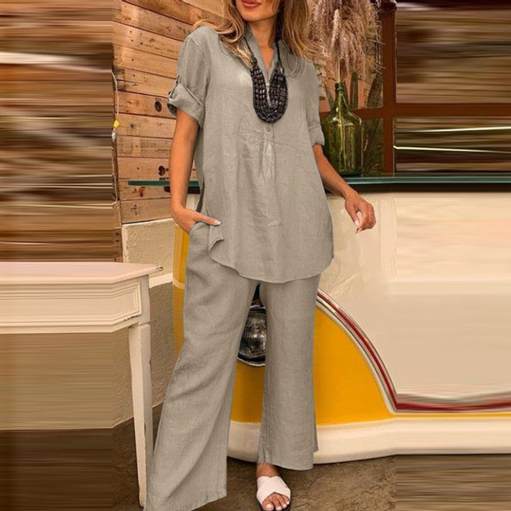 Sophie - Dames Blouse en Broek Set - Effen V-hals voor een Klassieke Look