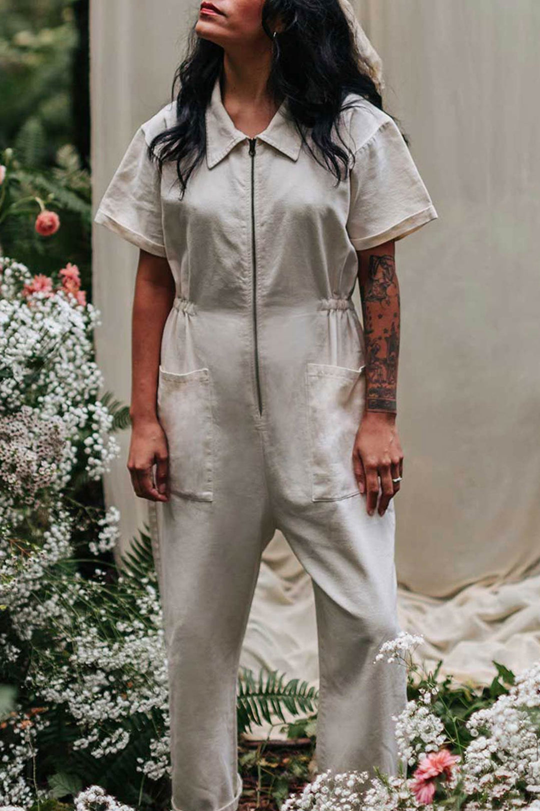 Elise – Katoen-Linnen Jumpsuit met Rits en Korte Mouwen