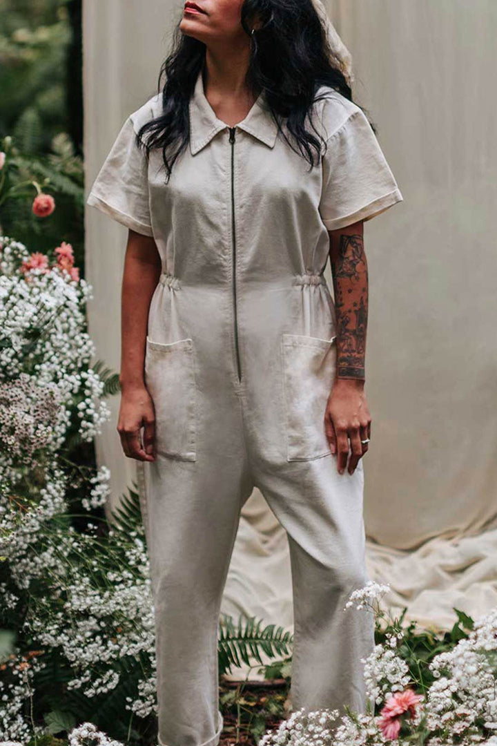 Elise – Katoen-Linnen Jumpsuit met Rits en Korte Mouwen