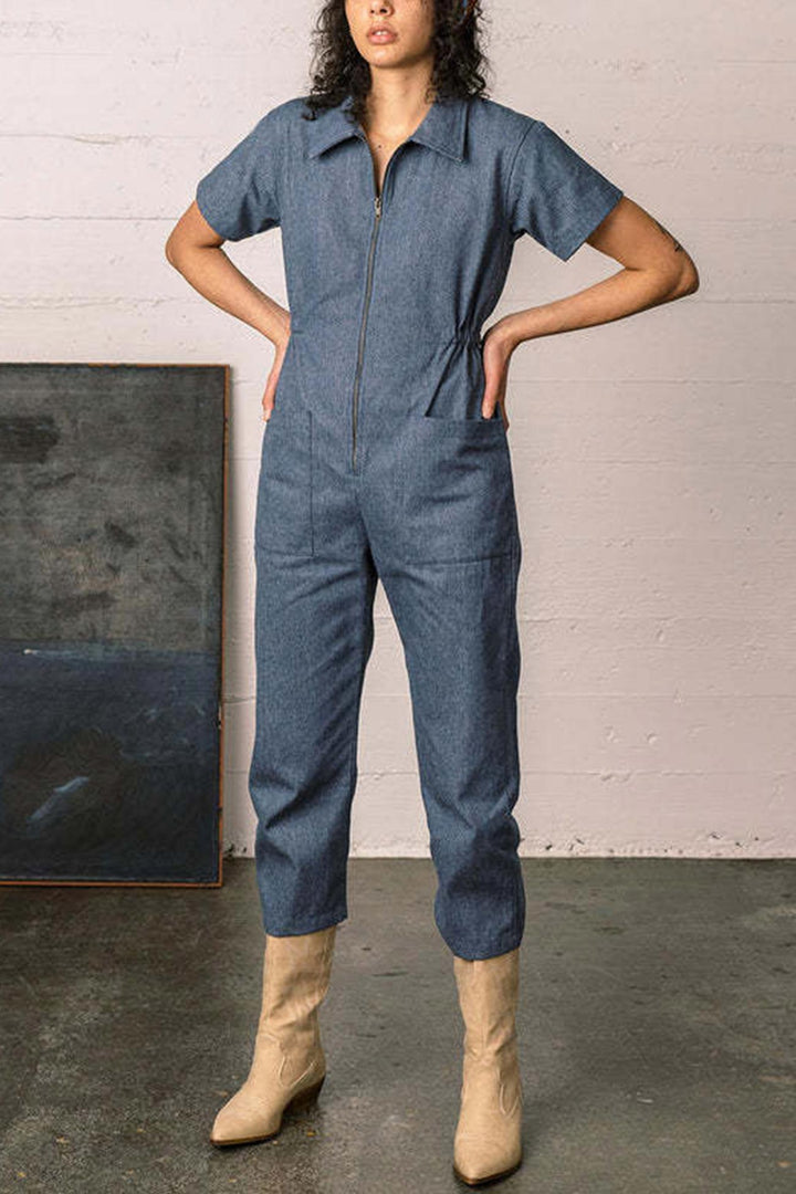 Elise – Katoen-Linnen Jumpsuit met Rits en Korte Mouwen