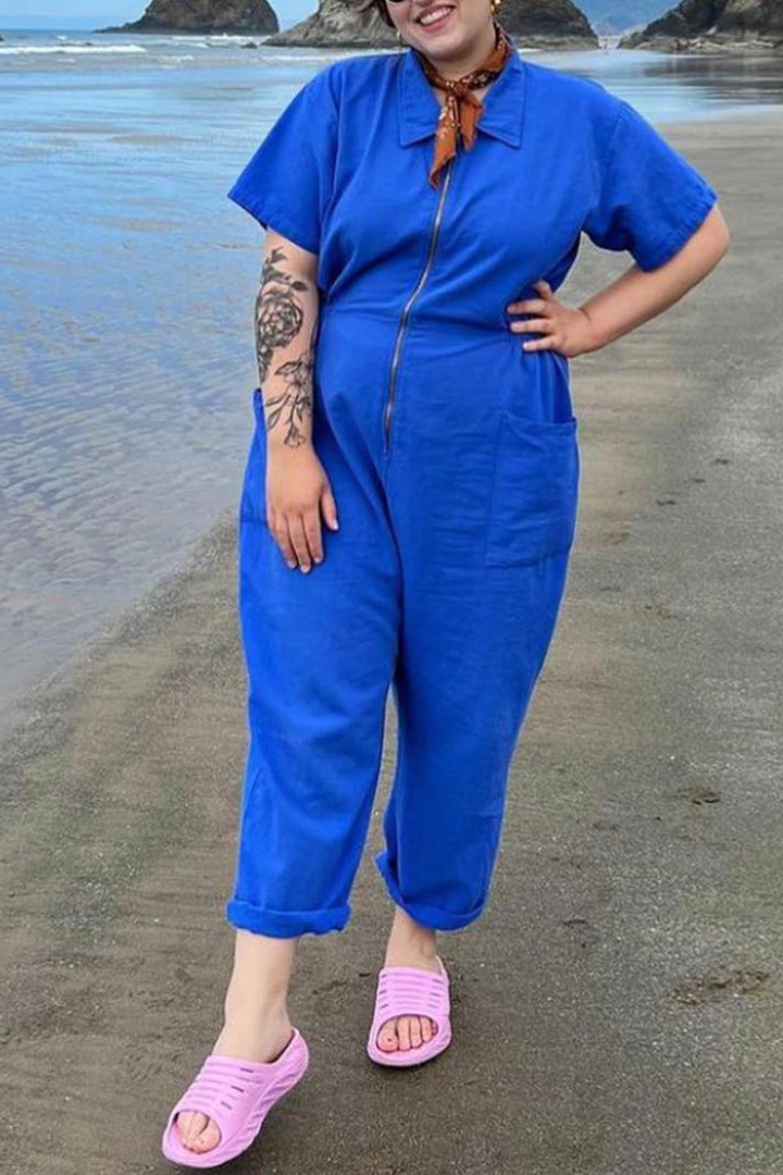 Elise – Katoen-Linnen Jumpsuit met Rits en Korte Mouwen