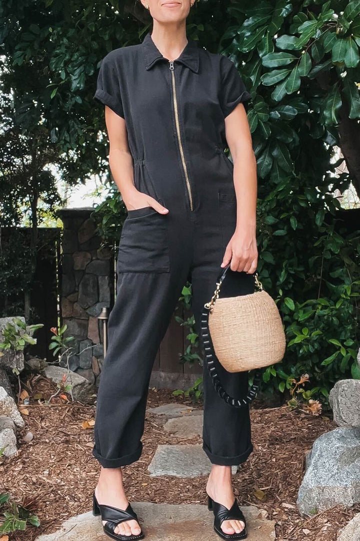 Elise – Katoen-Linnen Jumpsuit met Rits en Korte Mouwen