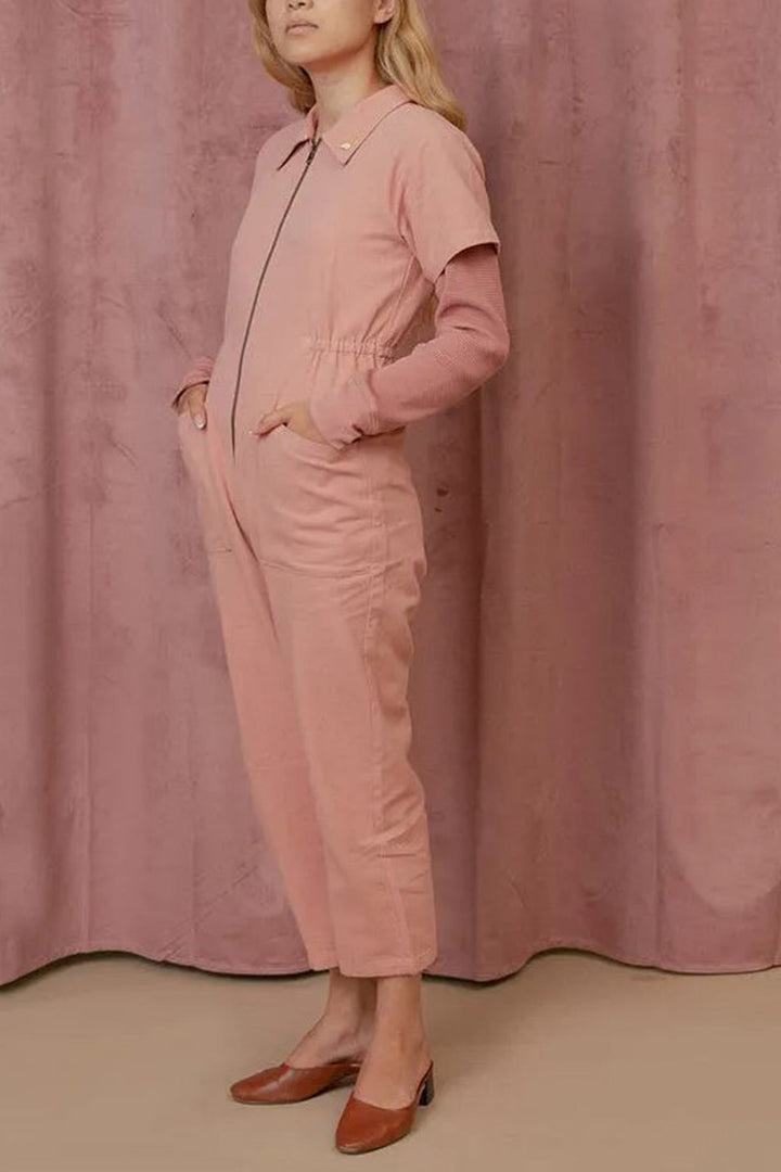Elise – Katoen-Linnen Jumpsuit met Rits en Korte Mouwen