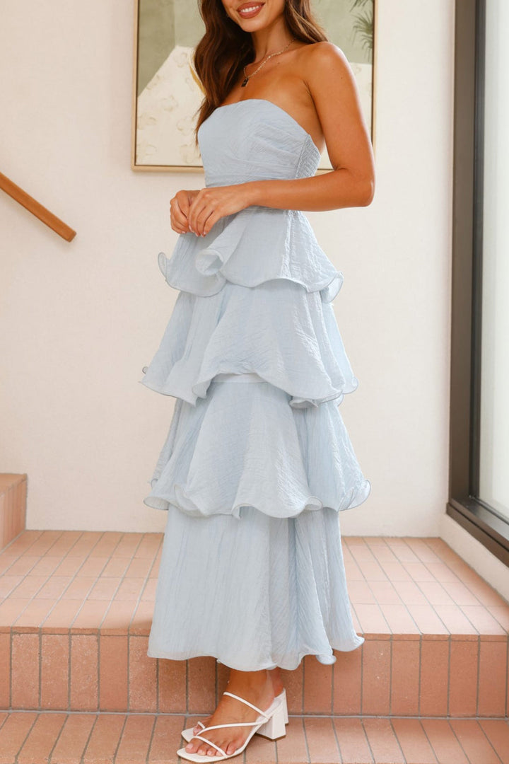 Suze – Strapless Gelaagde Midi Jurk met Smock Detail