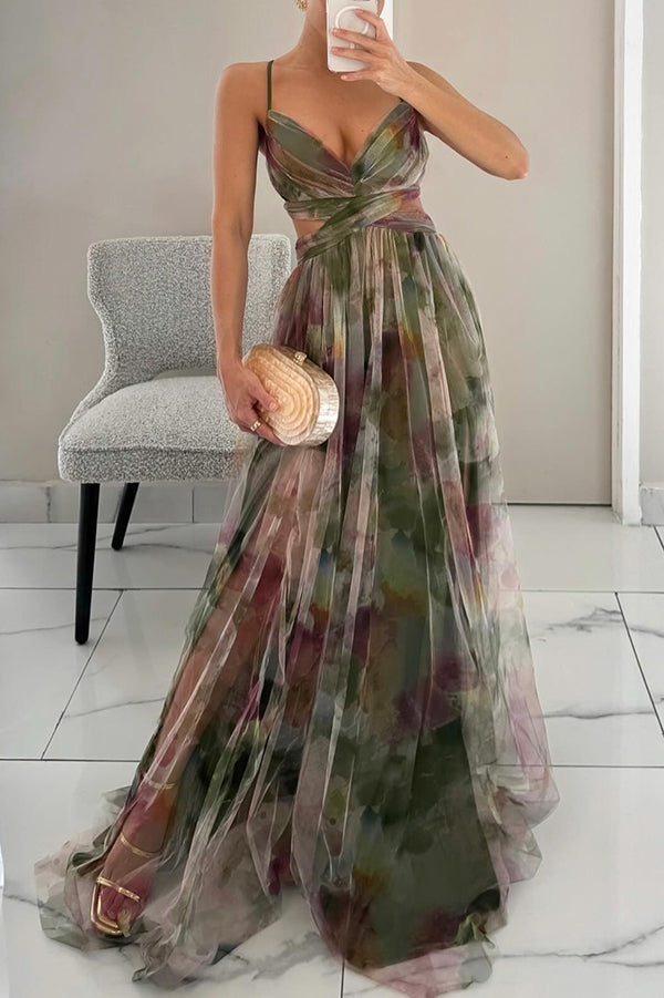 Zomerjurk met open rug, gedrapeerde taille en bloemenprint