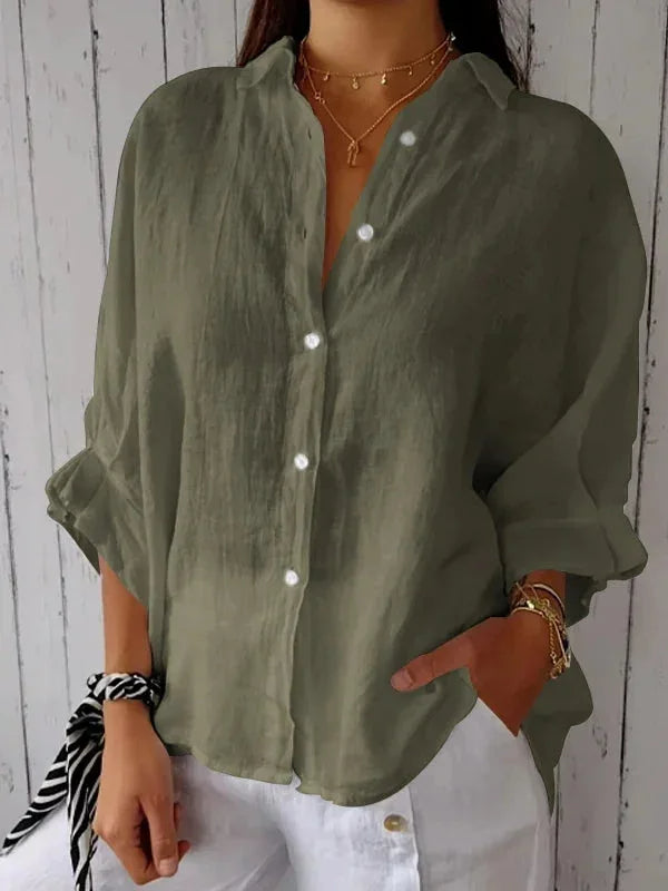 Linnen damesblouse met V-hals en strikdetail – stijlvol, luchtig en tijdloos