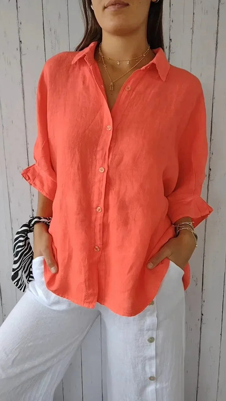 Linnen damesblouse met V-hals en strikdetail – stijlvol, luchtig en tijdloos