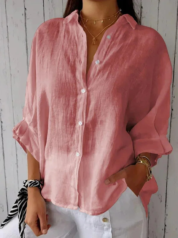 Linnen damesblouse met V-hals en strikdetail – stijlvol, luchtig en tijdloos