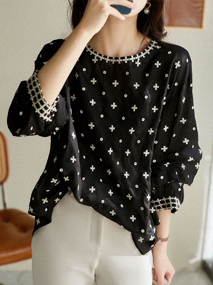 Sophie Dames Elegante Blouse – Moderne lenteblouse met O-hals, lange mouwen en subtiele print