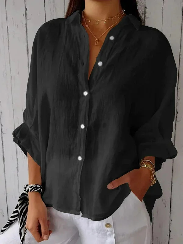 Linnen damesblouse met V-hals en strikdetail – stijlvol, luchtig en tijdloos
