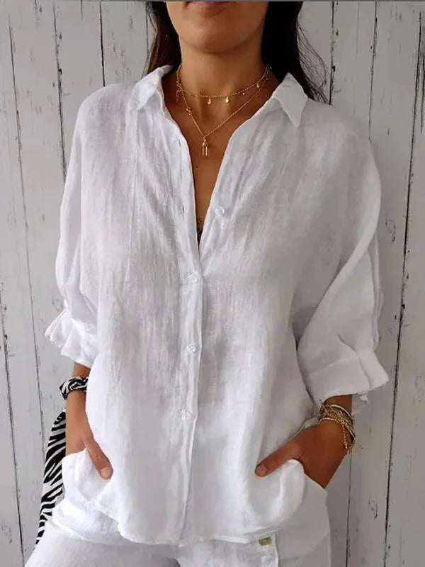 Linnen damesblouse met V-hals en strikdetail – stijlvol, luchtig en tijdloos