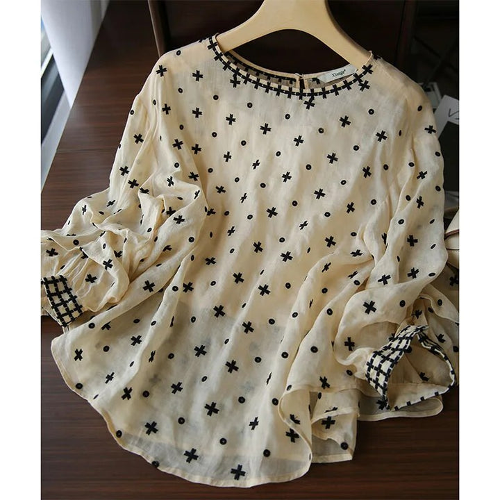Sophie Dames Elegante Blouse – Moderne lenteblouse met O-hals, lange mouwen en subtiele print