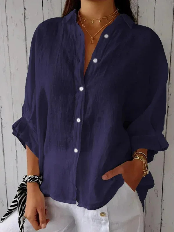 Linnen damesblouse met V-hals en strikdetail – stijlvol, luchtig en tijdloos