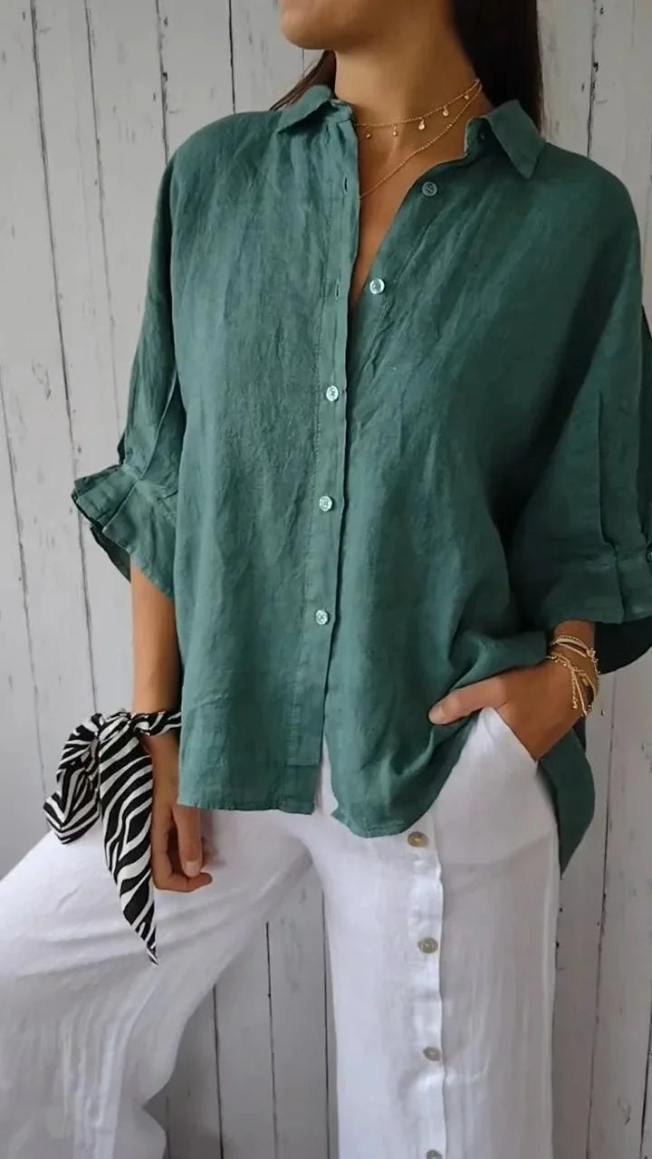 Linnen damesblouse met V-hals en strikdetail – stijlvol, luchtig en tijdloos