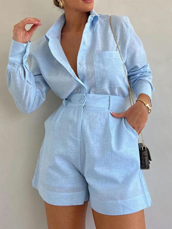 Ivy - Dames Linnen Korte Set - Chic Blauw Ensemble voor een Elegante Look