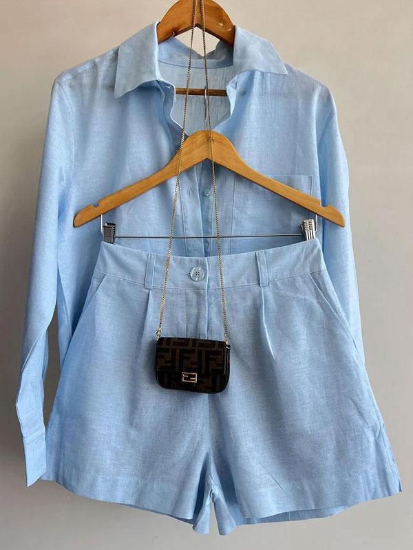 Ivy - Dames Linnen Korte Set - Chic Blauw Ensemble voor een Elegante Look