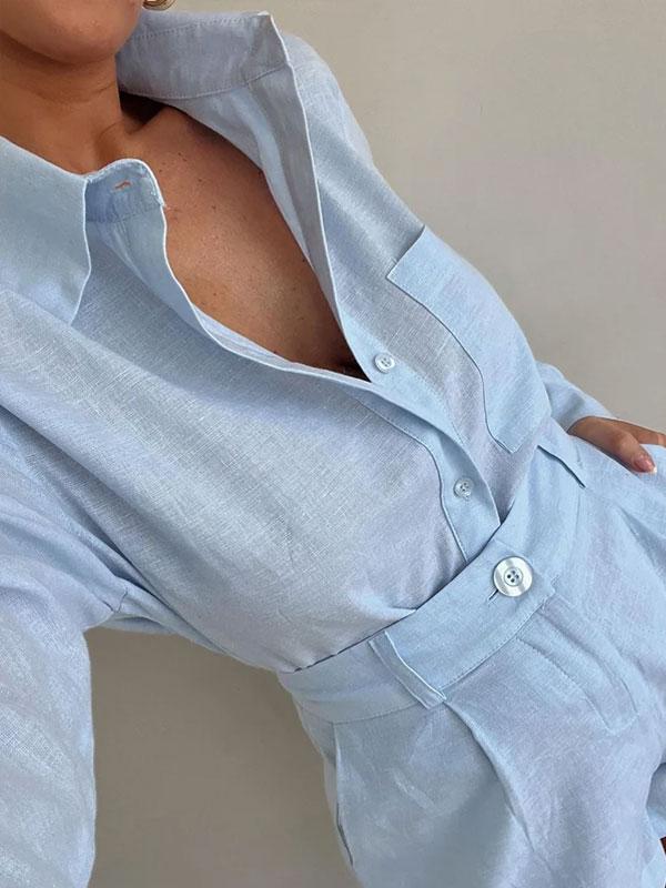 Ivy - Dames Linnen Korte Set - Chic Blauw Ensemble voor een Elegante Look