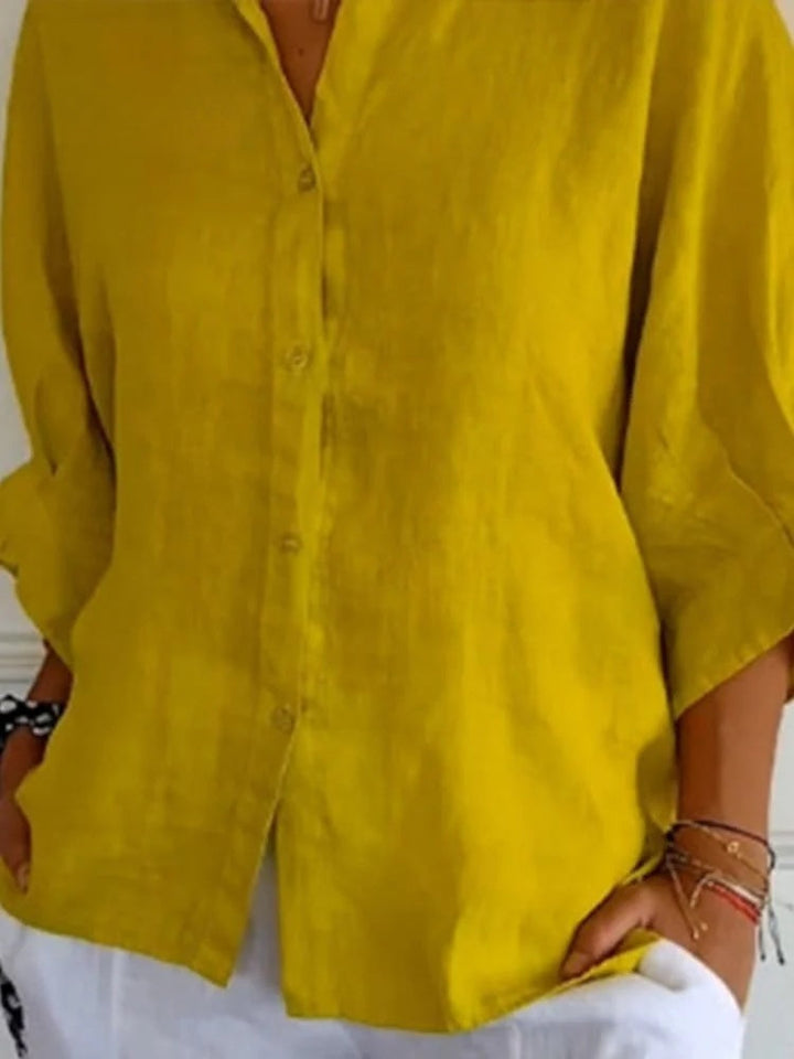Linnen damesblouse met V-hals en strikdetail – stijlvol, luchtig en tijdloos