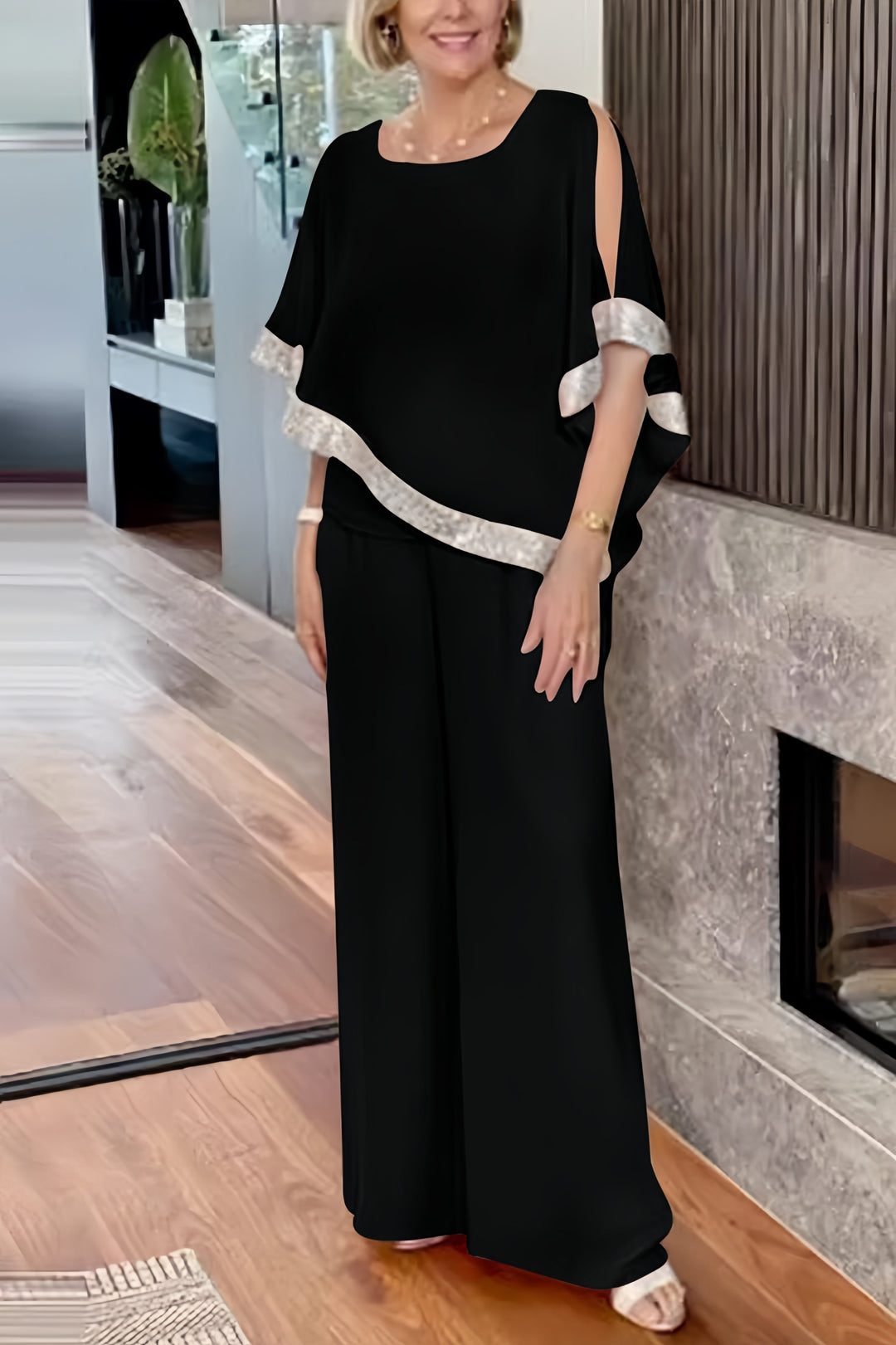 Danique – Glanzende Two-Piece Set met Pailletten en Wijde Pijpen