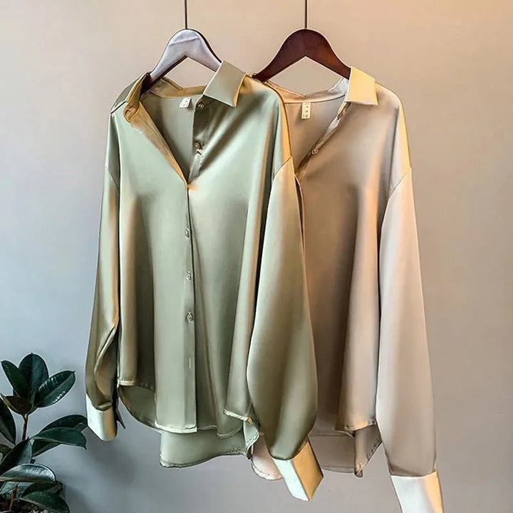 Elena Damesblouse – Zijdeachtige Blouse met Knoopsluiting en Lange Mouwen