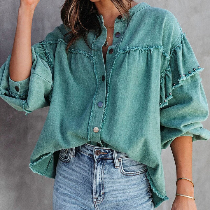 Elara Dames Western Blouse – Trendy spijkerstof met mao kraag en casual pasvorm