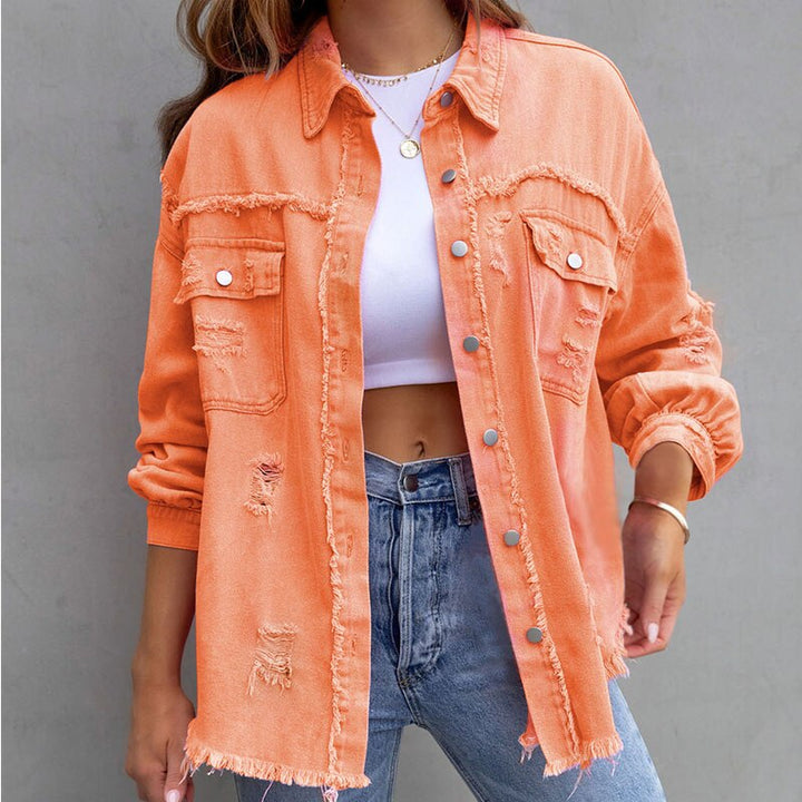 Mila Damesblouse – Denim Blouse met Ruches en Drukknoopsluiting