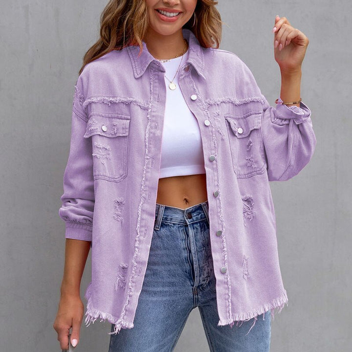 Mila Damesblouse – Denim Blouse met Ruches en Drukknoopsluiting