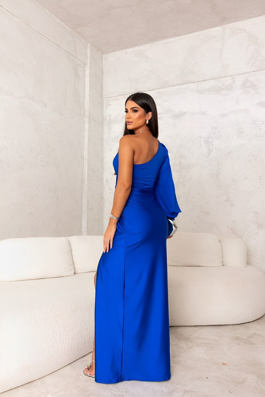 One-shoulder avondjurk met drapeeraccent en elegante split
