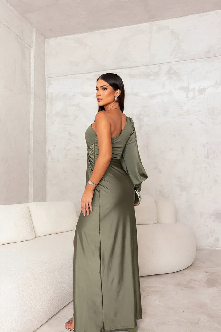 One-shoulder avondjurk met drapeeraccent en elegante split